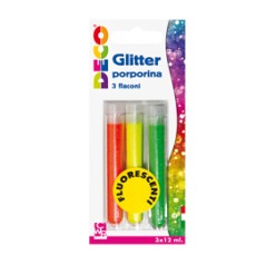 Blister glitter 3 flaconi grana fine 12ml colori assortiti fluo DECO