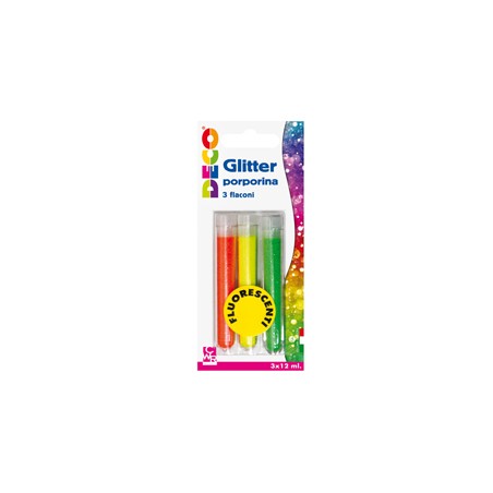 Blister glitter 3 flaconi grana fine 12ml colori assortiti fluo DECO