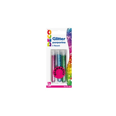 Blister glitter 3 flaconi grana fine 12ml colori assortiti olografici DECO