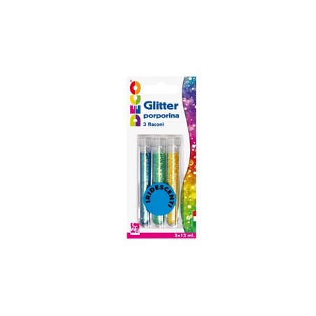 Blister glitter 3 flaconi grana fine 12ml colori assortiti iridescenti DECO