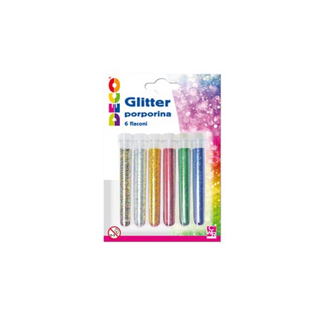 Blister glitter 6 flaconi grana fine 12ml colori assortiti DECO