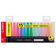 Deskset 15 evidenziatori Boss 70 colori fluo+pastel Stabilo