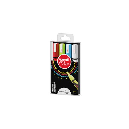 Busta 4 marcatore a gesso liquido UNI CHALK p.tonda col.assortiti UNI