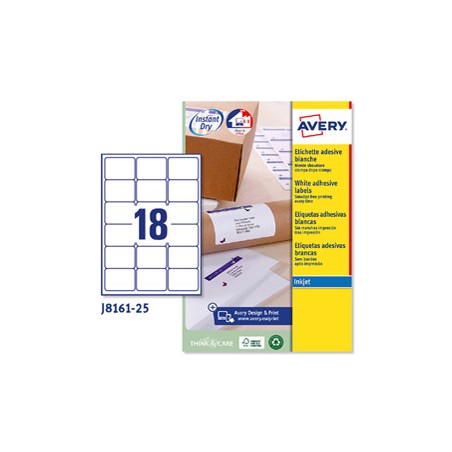 Etichetta adesiva J8161 bianca 25fg A4 63,5x46,6 (18et/fg) inkjet Avery