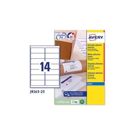 Etichetta adesiva J8163 bianca 25fg A4 99,1x38,1mm (14et/fg) inkjet Avery