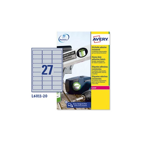 Poliestere adesivo L6011 argento 20fg A4 63,5x29,6mm (27et/fg) laser Avery