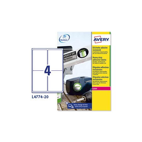 Poliestere adesivo L4774 bianco 20fg A4 99,1x139mm (4et/fg) laser Avery