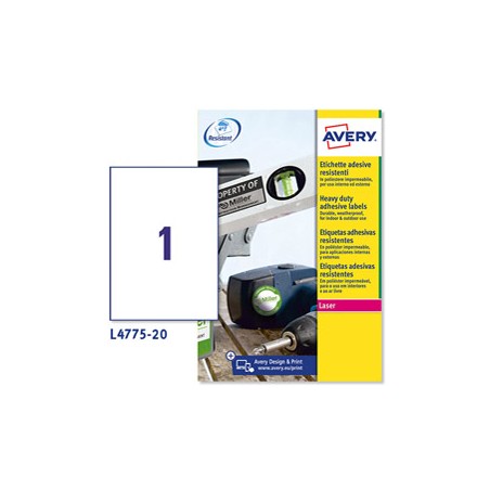 Poliestere adesivo L4775 bianco 20fg A4 210x297mm (1et/fg) laser Avery