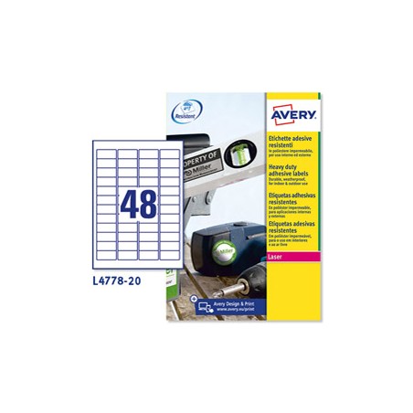 Poliestere adesivo L4778 bianco 20fg A4 45,7x21,2mm (48et/fg) laser Avery