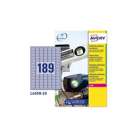 Poliestere adesivo L6008 argento 20fg A4 25,4x10mm (189et/fg) laser Avery