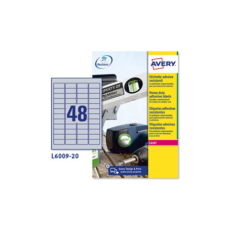 Poliestere adesivo L6009 argento 20fg A4 45,7x21,2mm (48et/fg) laser Avery