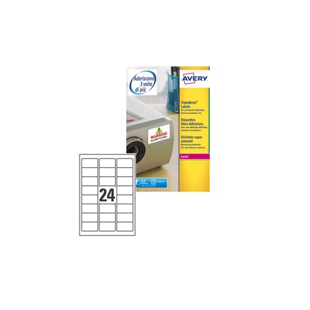 Poliestere adesivo extra L6141 bianco 20fg A4 63,5x33,9mm (24et/fg) laser Avery